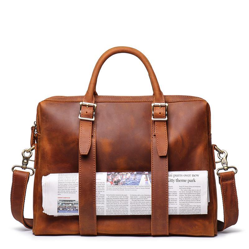 Brown Leather Mens 15 inches Simple Laptop Work Bag Handbag Briefcase Shoulder Bags Business Bags For Men