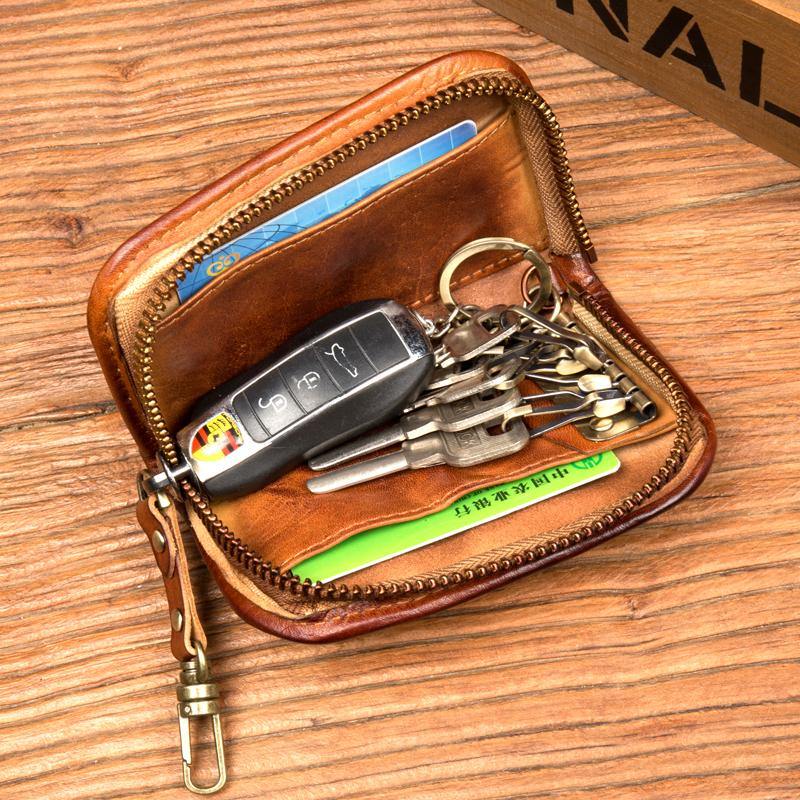 Brown Leather Mens Small Car Key Wallet Brown Key Holder Coin Purse Brown Card Holder For Men