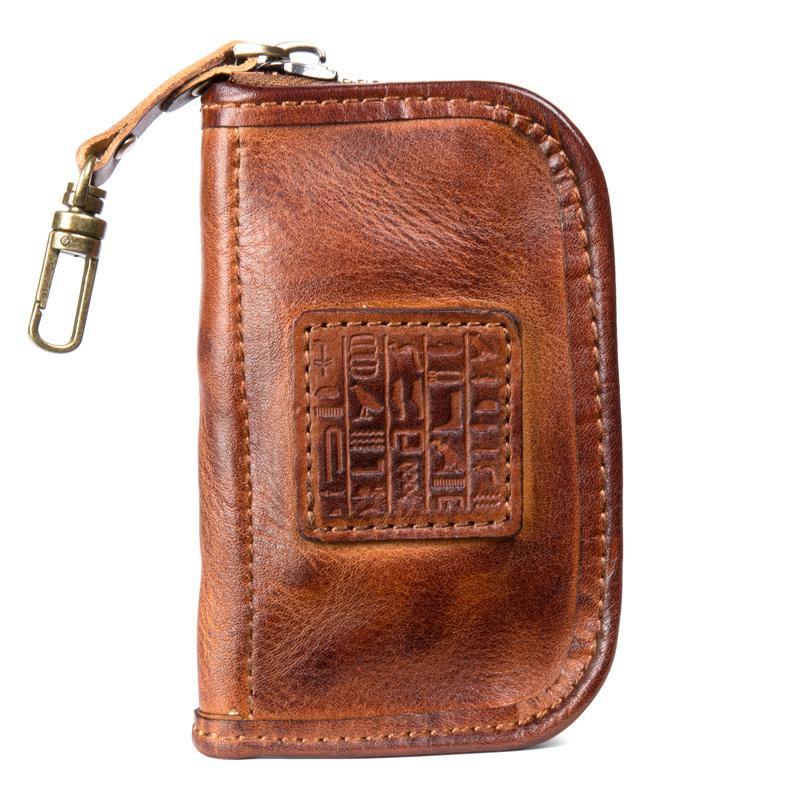 Brown Leather Mens Small Car Key Wallet Brown Key Holder Coin Purse Brown Card Holder For Men