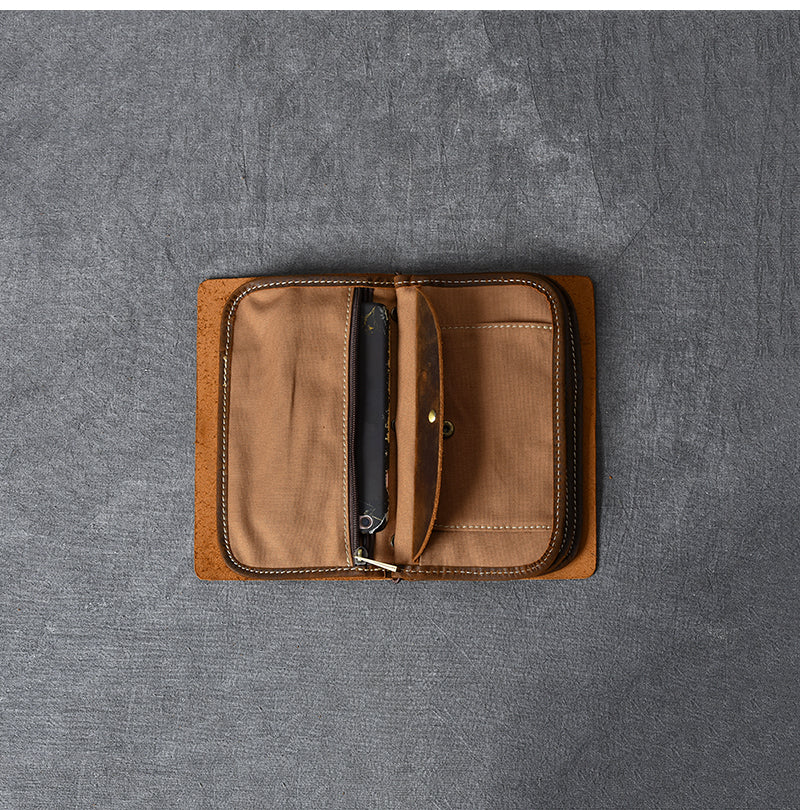 Brown Leather Mens Bifold Canvas Travel Clutch Bag Long Wallet For Men