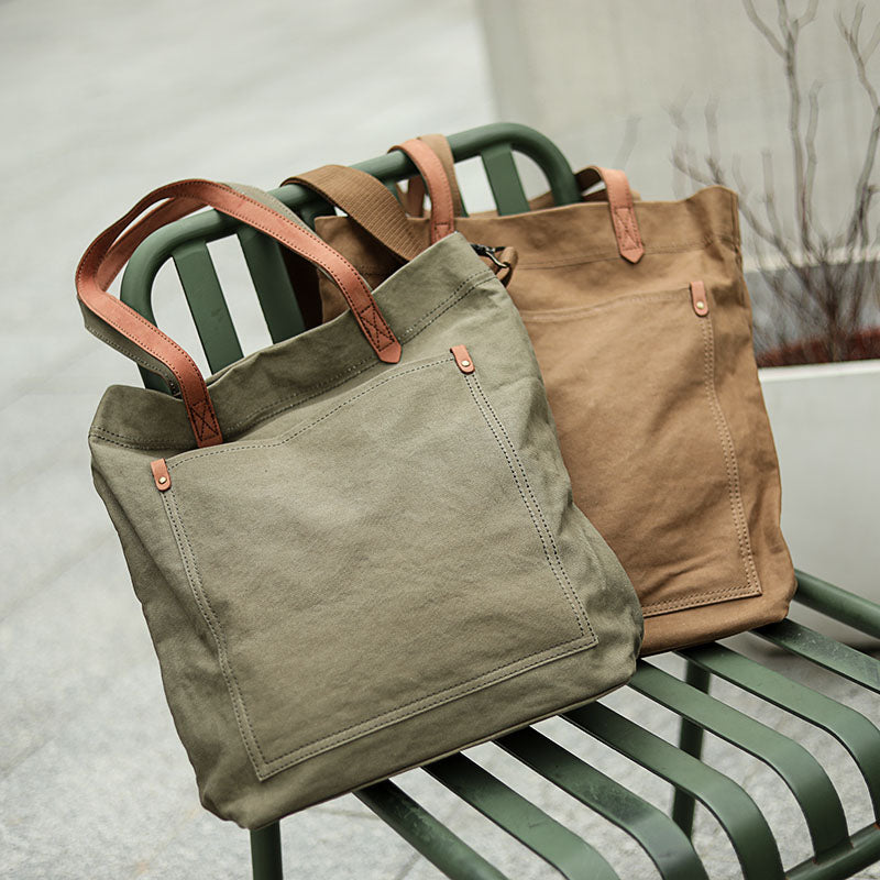 Khaki Vintage Canvas Men Womens Large Tote Bag Green Canvas Shoulder Tote Bag Shopper Tote For Men