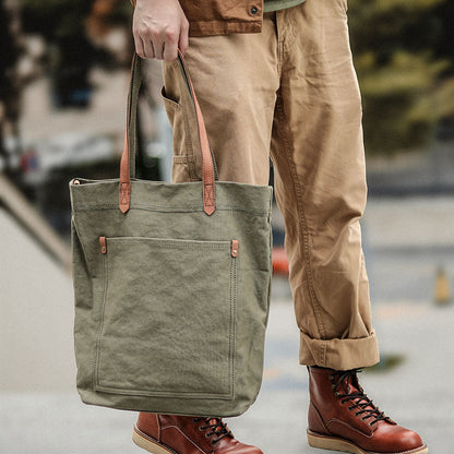 Khaki Vintage Canvas Men Womens Large Tote Bag Green Canvas Shoulder Tote Bag Shopper Tote For Men