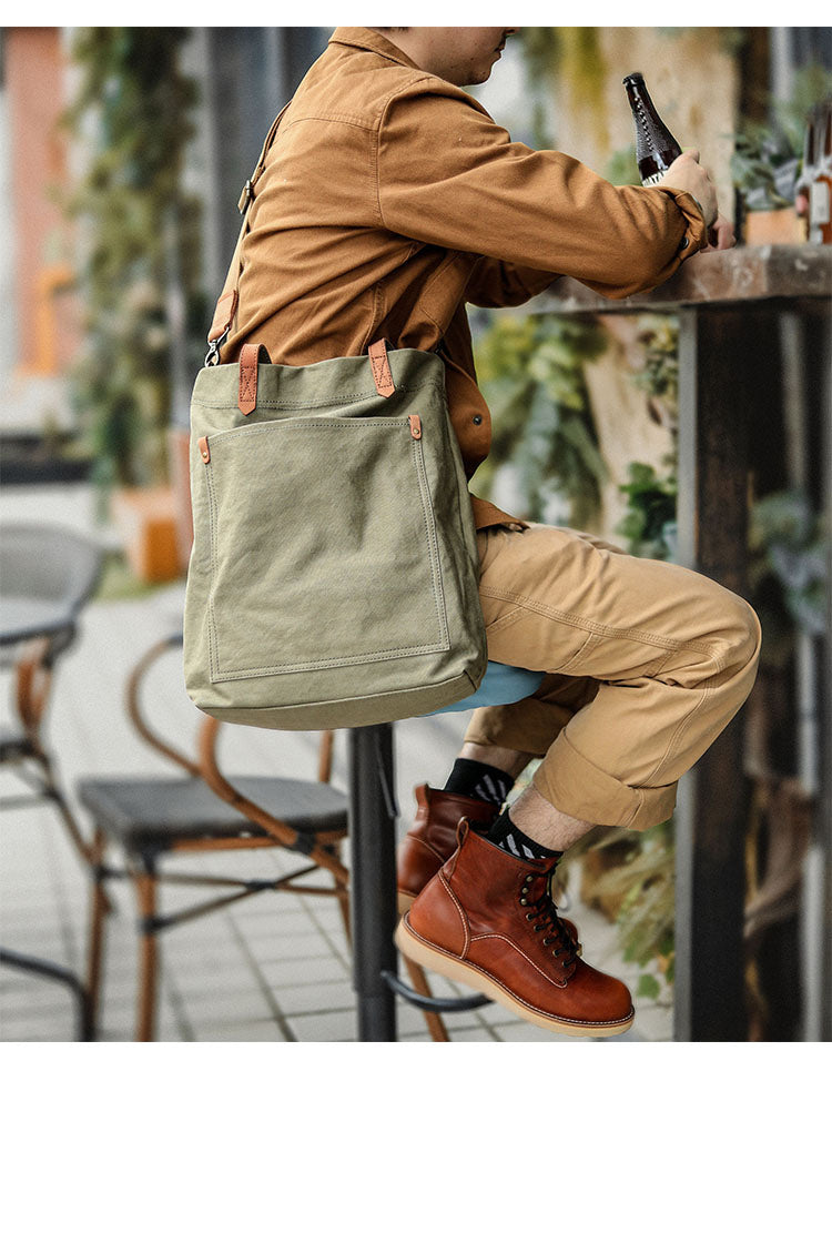 Khaki Vintage Canvas Men Womens Large Tote Bag Green Canvas Shoulder Tote Bag Shopper Tote For Men