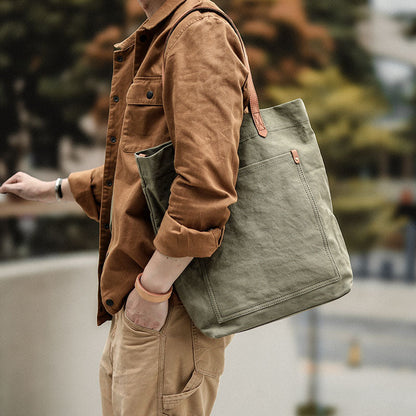 Khaki Vintage Canvas Men Womens Large Tote Bag Green Canvas Shoulder Tote Bag Shopper Tote For Men