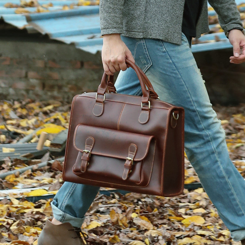 Handmade Black Mens Leather Briefcase Work Handbag Dark Brown 14'' Computer Briefcase For Men