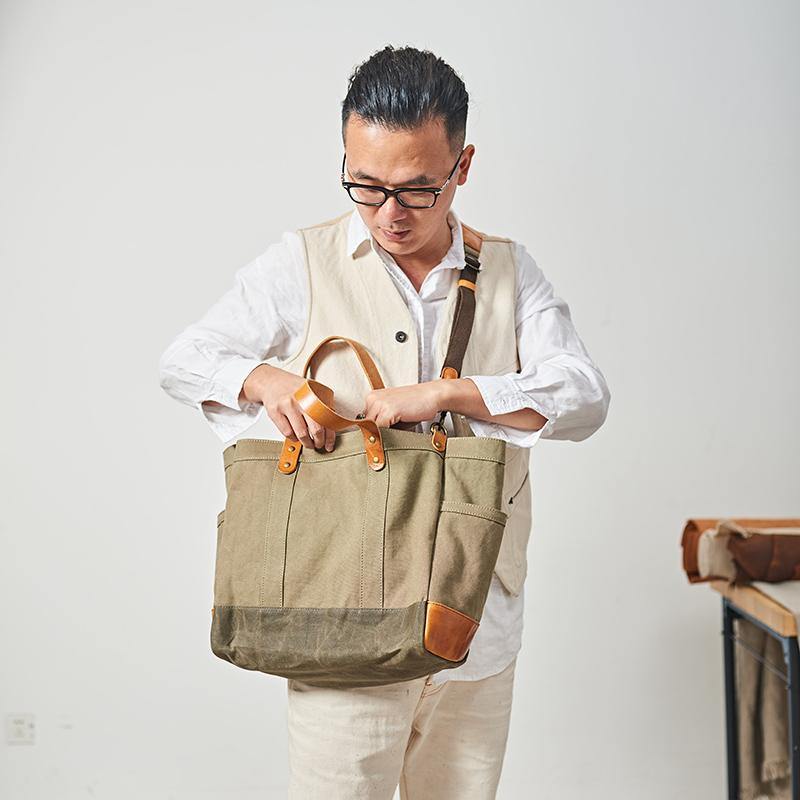 Canvas Leather Mens 14 inches Green Tote Messenger Bags Canvas Handbag Canvas Shoulder Tote for Men Women