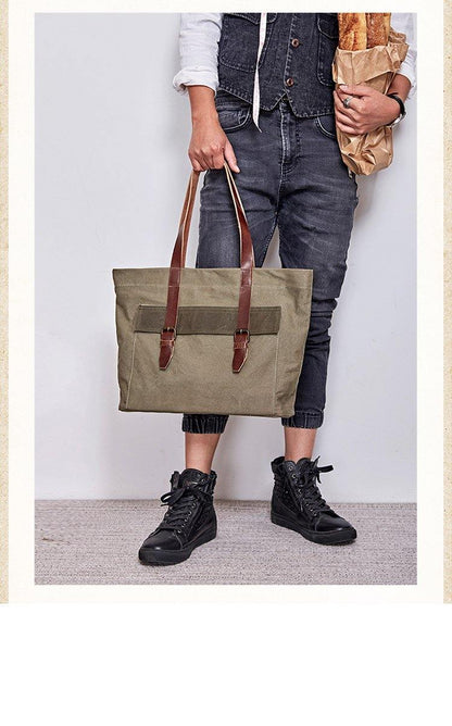 Leather Canvas Mens Womens Green Tote Bag Canvas Handbag Messenger Bag Canvas Tote for Men Women