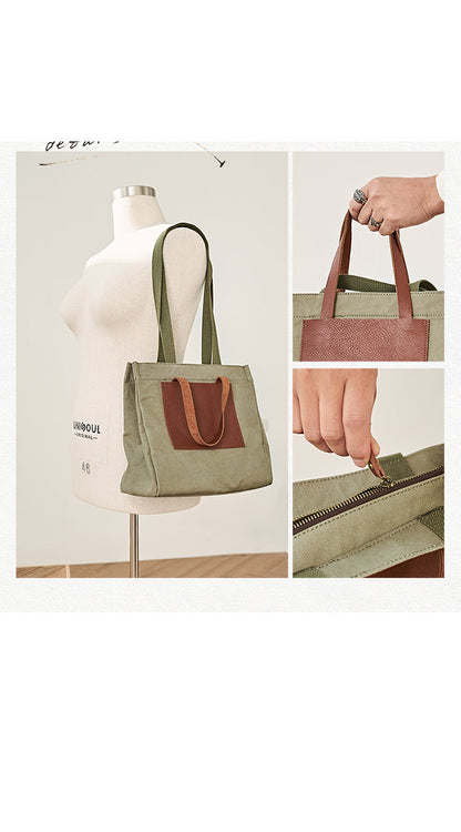 Vintage Canvas Leather Mens Tote Bag Green Tote Handbag Canvas Shoulder Tote for Men Women