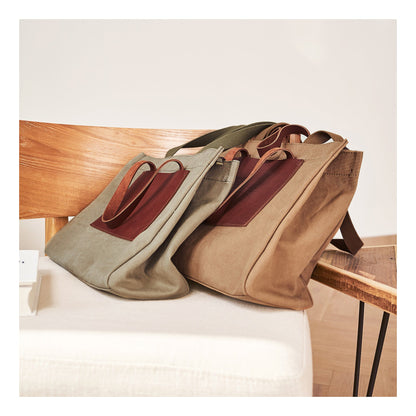 Vintage Canvas Leather Mens Tote Bag Green Tote Handbag Canvas Shoulder Tote for Men Women