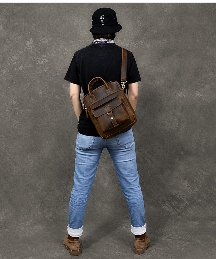 Vintage Leather Mens 10'' Vertical Brown Briefcase Handbag Bag Shoulder Bag Side Bag For Men