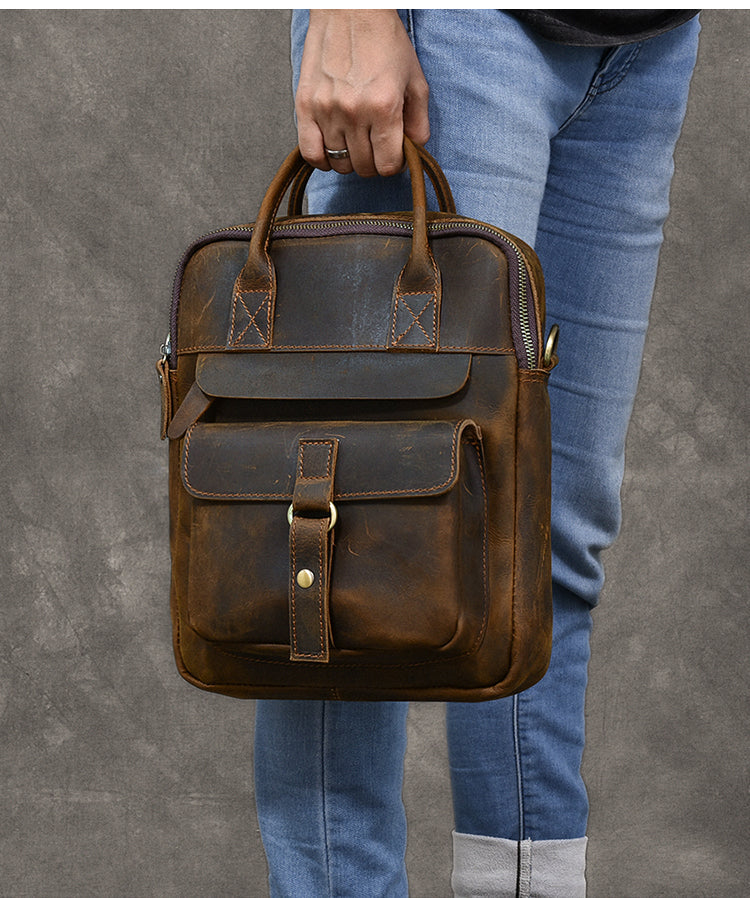 Vintage Leather Mens 10'' Vertical Brown Briefcase Handbag Bag Shoulder Bag Side Bag For Men