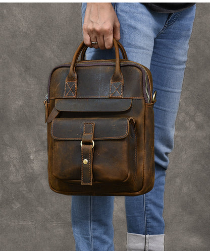 Vintage Leather Mens 10'' Vertical Brown Briefcase Handbag Bag Shoulder Bag Side Bag For Men