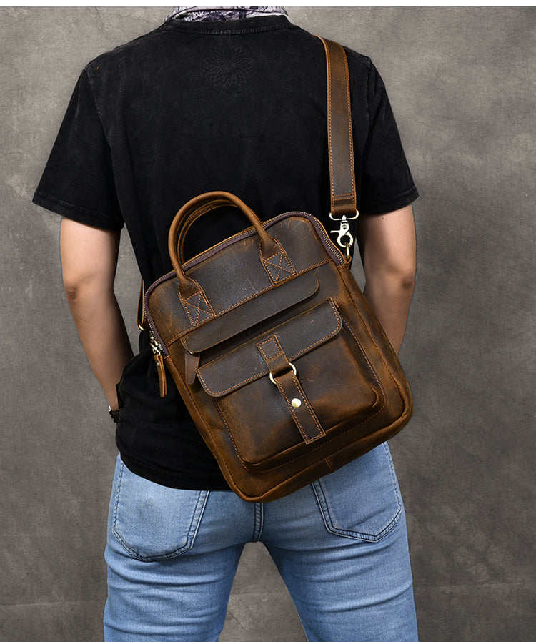 Vintage Leather Mens 10'' Vertical Brown Briefcase Handbag Bag Shoulder Bag Side Bag For Men