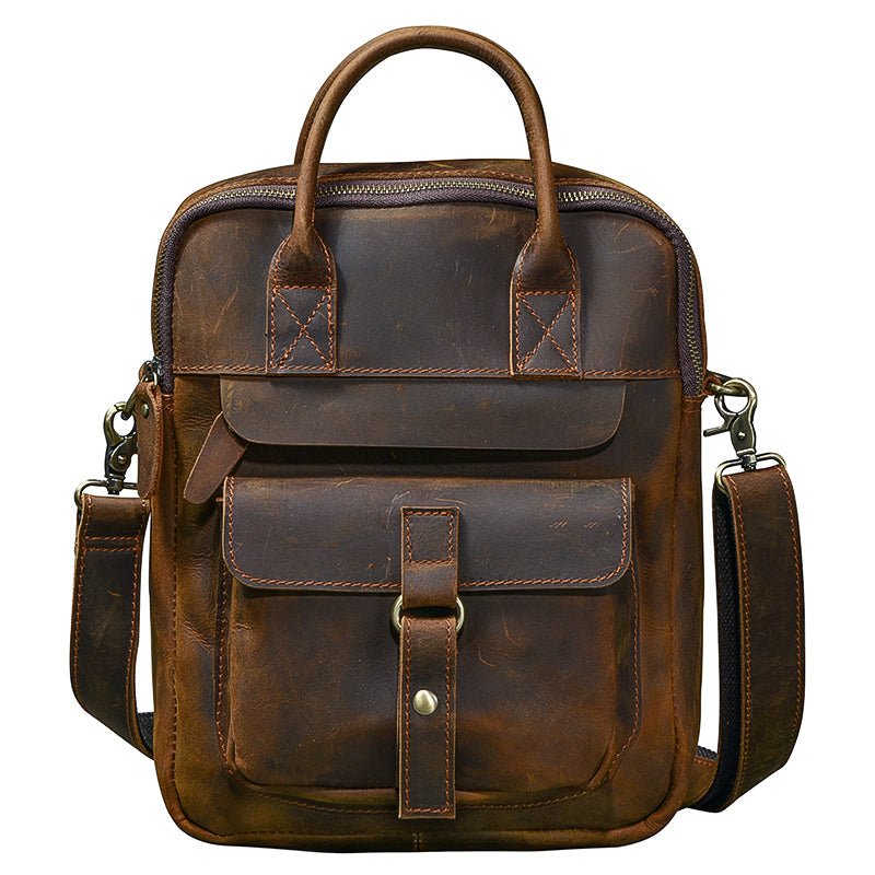 Vintage Leather Mens 10'' Vertical Brown Briefcase Handbag Bag Shoulder Bag Side Bag For Men