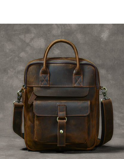 Vintage Leather Mens 10'' Vertical Brown Briefcase Handbag Bag Shoulder Bag Side Bag For Men