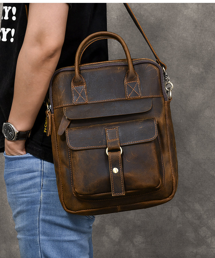 Vintage Leather Mens 10'' Vertical Brown Briefcase Handbag Bag Shoulder Bag Side Bag For Men