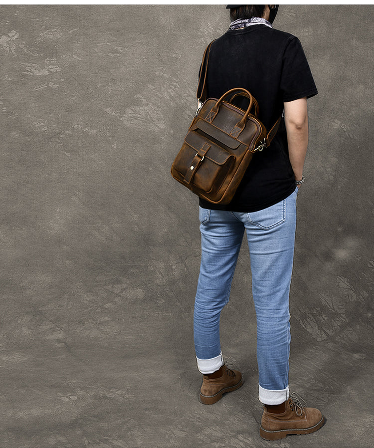 Vintage Leather Mens 10'' Vertical Brown Briefcase Handbag Bag Shoulder Bag Side Bag For Men