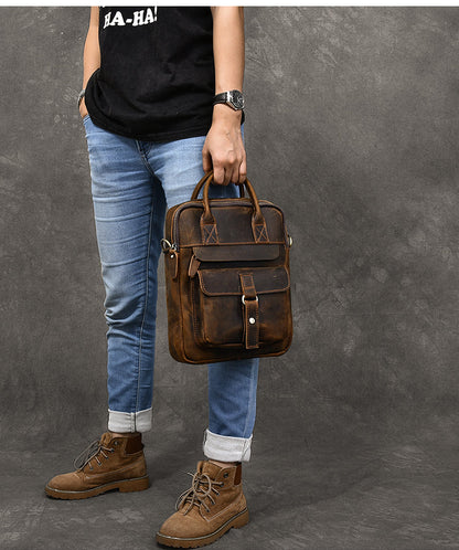 Vintage Leather Mens 10'' Vertical Brown Briefcase Handbag Bag Shoulder Bag Side Bag For Men