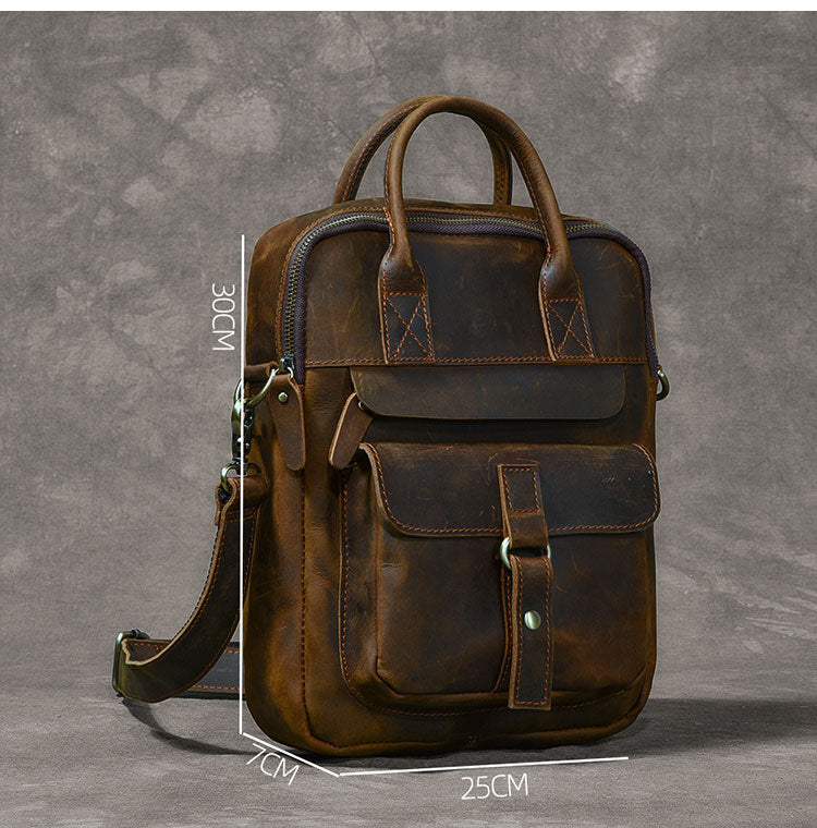 Vintage Leather Mens 10'' Vertical Brown Briefcase Handbag Bag Shoulder Bag Side Bag For Men