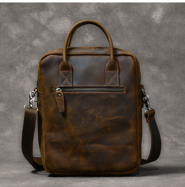 Vintage Leather Mens 10'' Vertical Brown Briefcase Handbag Bag Shoulder Bag Side Bag For Men