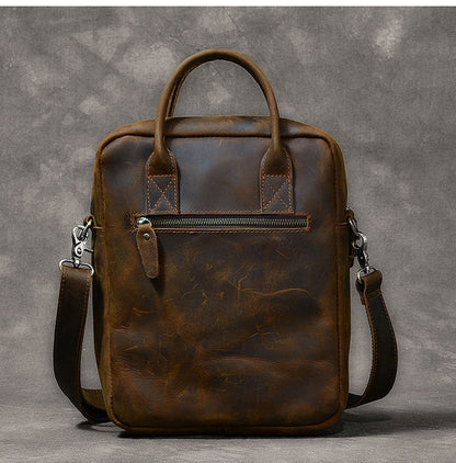 Vintage Leather Mens 10'' Vertical Brown Briefcase Handbag Bag Shoulder Bag Side Bag For Men