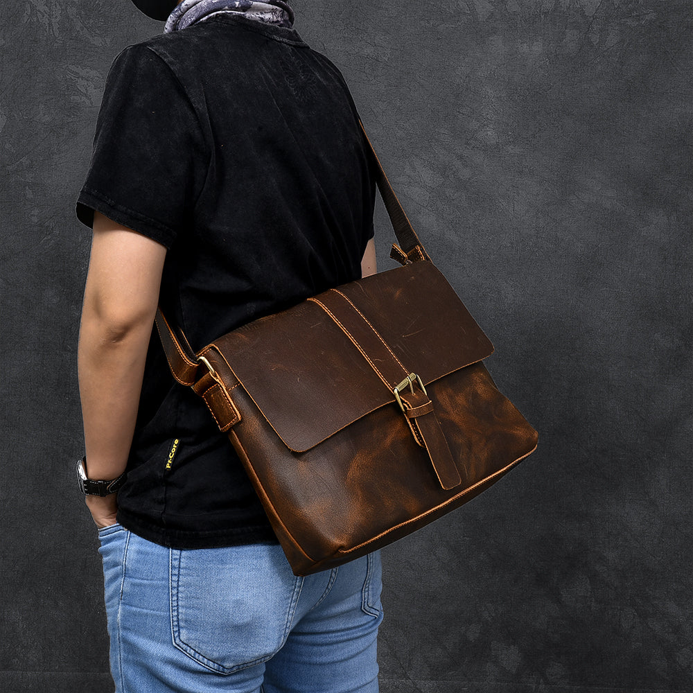 Vintage Leather Mens 13¡®¡¯ Brown Side Bag Messenger Bag Courier Bag For Men