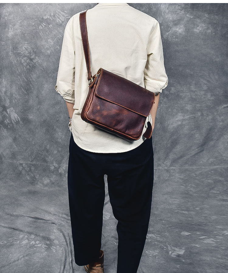 Cool Leather Mens 8¡®¡¯ Red Brown Small Side Bag Small Messenger Bag Shoulder Bag For Men