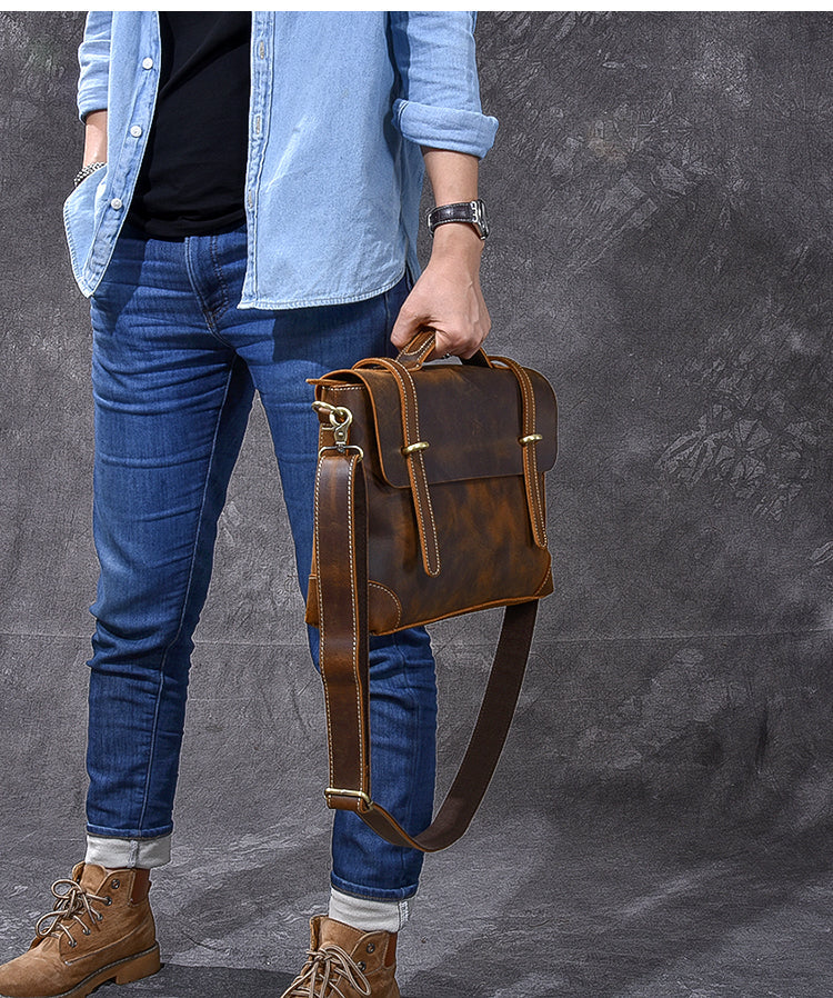 Leather Mens Brown Briefcase 13'' Laptop Bag Messenger Bag Shoulder Bag For Men