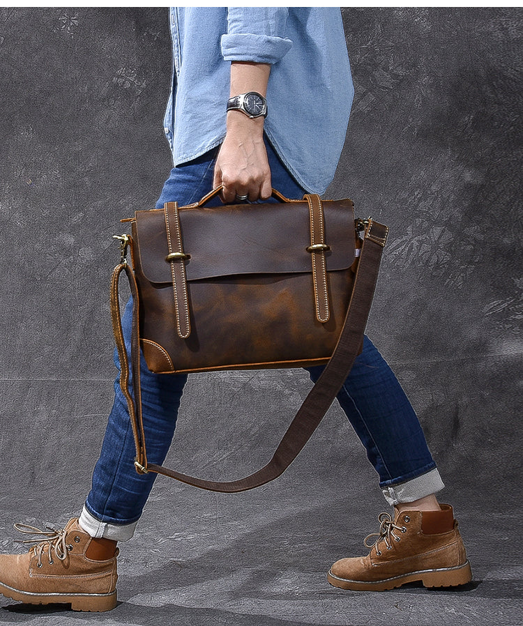 Leather Mens Brown Briefcase 13'' Laptop Bag Messenger Bag Shoulder Bag For Men