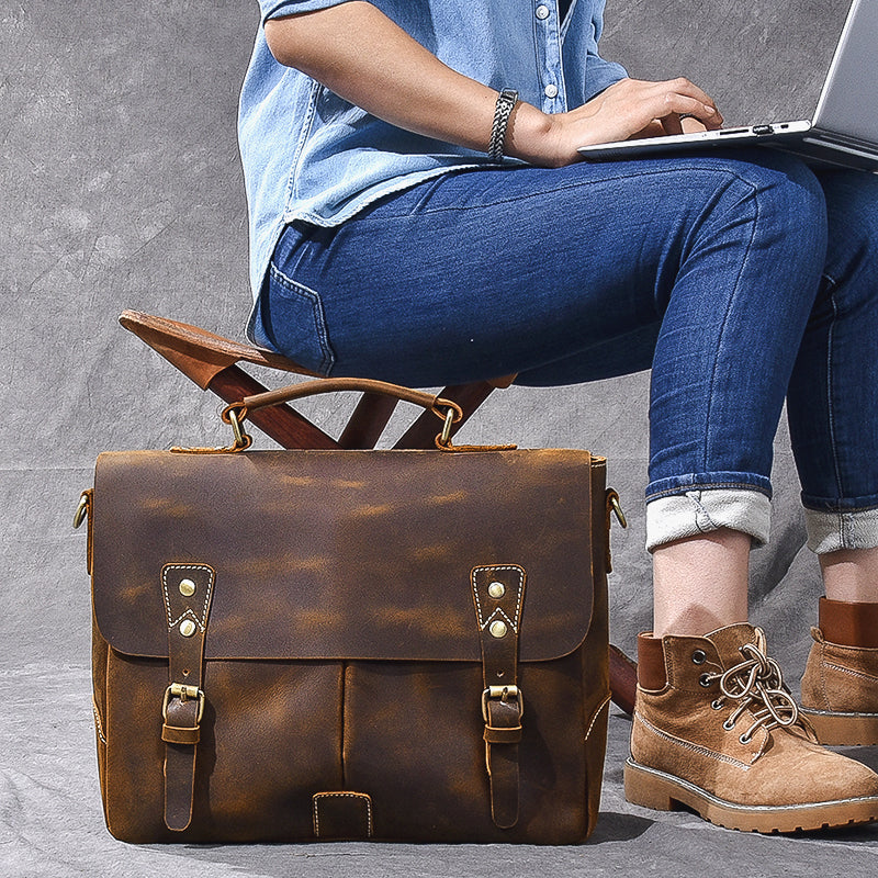 Leather Mens Brown Briefcase 14'' Laptop Bag Messenger Bag Shoulder Bag For Men