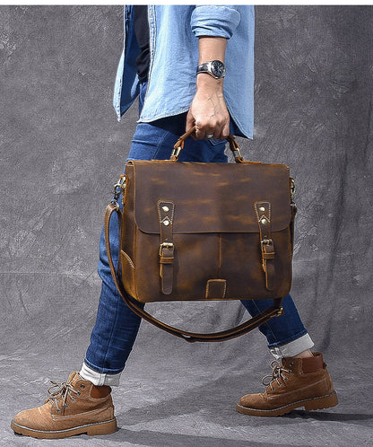 Leather Mens Brown Briefcase 14'' Laptop Bag Messenger Bag Shoulder Bag For Men