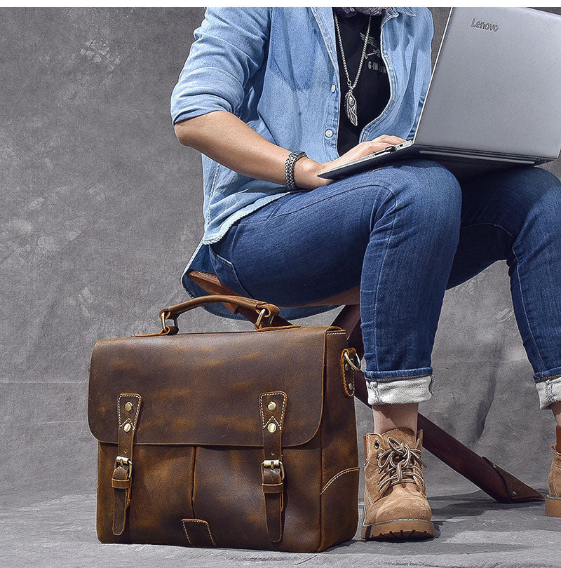 Leather Mens Brown Briefcase 14'' Laptop Bag Messenger Bag Shoulder Bag For Men