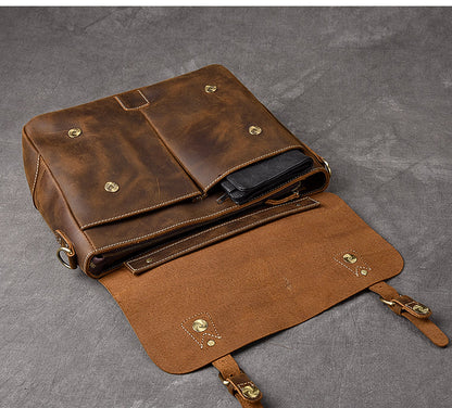 Leather Mens Brown Briefcase 14'' Laptop Bag Messenger Bag Shoulder Bag For Men