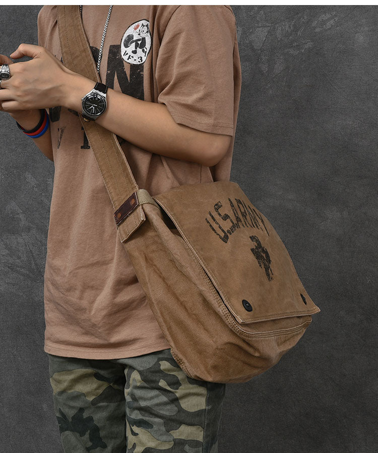 Canvas Leather Mens Large Brown Side Bag 14'' Army Green Messenger Bag Postman Bag For Men