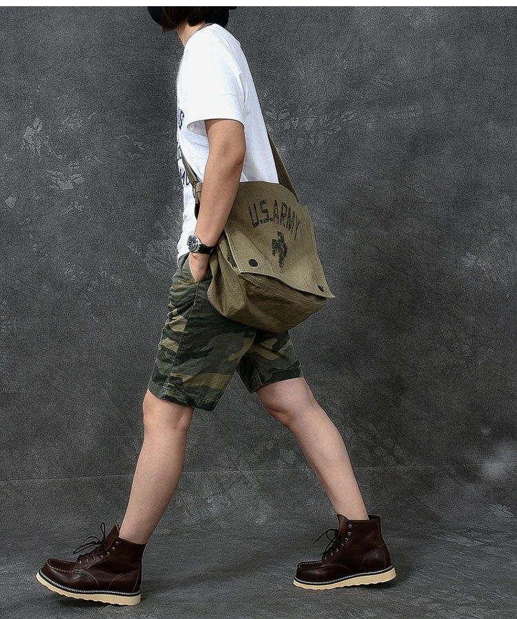 Canvas Leather Mens Large Brown Side Bag 14'' Army Green Messenger Bag Postman Bag For Men