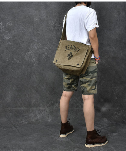 Canvas Leather Mens Large Brown Side Bag 14'' Army Green Messenger Bag Postman Bag For Men