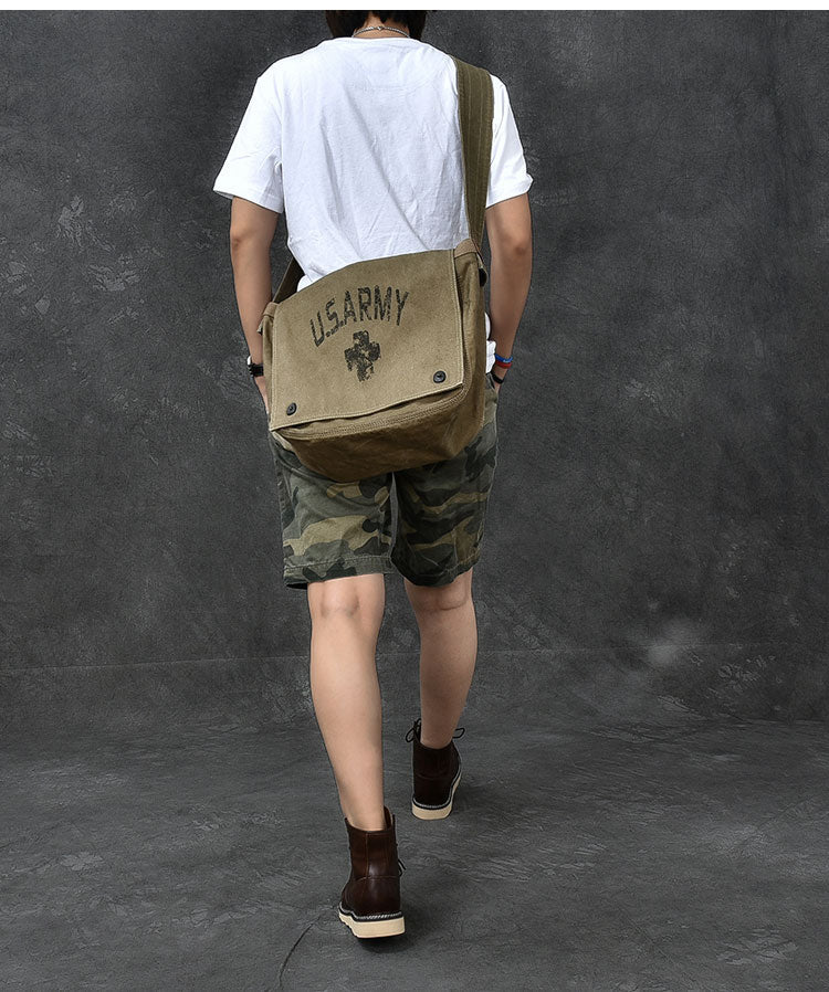 Canvas Leather Mens Large Brown Side Bag 14'' Army Green Messenger Bag Postman Bag For Men