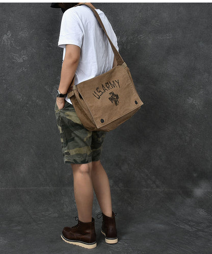 Canvas Leather Mens Large Brown Side Bag 14'' Army Green Messenger Bag Postman Bag For Men