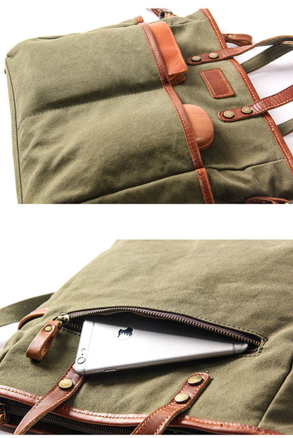 Canvas Leather Mens Side Bag Army Green 12'' Tote Postman Bag Messenger Bag for Men