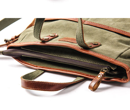 Canvas Leather Mens Side Bag Army Green 12'' Tote Postman Bag Messenger Bag for Men