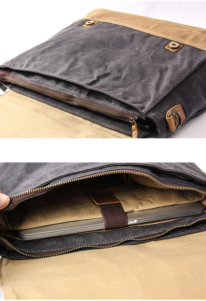 Canvas Leather Mens Side Bag Black 14'' Briefcase Gray Postman Bag Messenger Bag for Men