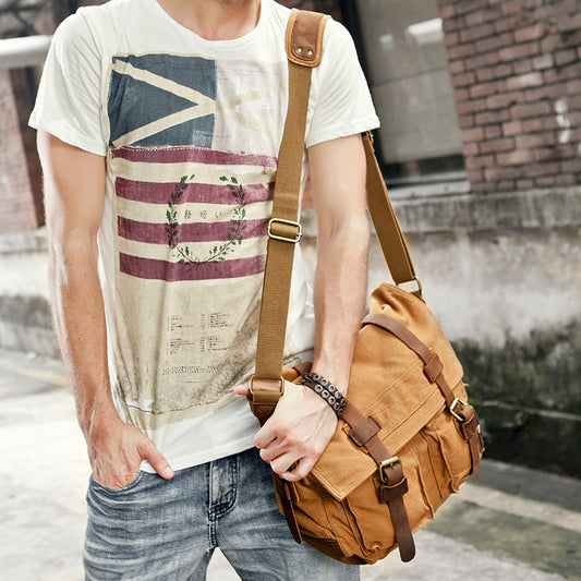 Canvas Leather Mens Vintage 14' Brown Travel Side Bag Black Messenger Bag Blue Shoulder Bag for Men