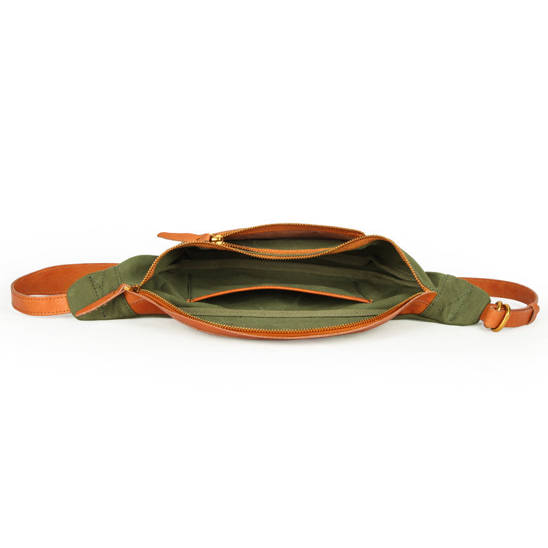 Canvas Leather Mens Caramel Waist Bag Army Green Fanny Pack Hip pack Chest Bag For Men