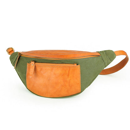 Canvas Leather Mens Caramel Waist Bag Army Green Fanny Pack Hip pack Chest Bag For Men