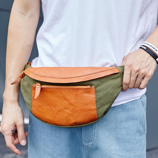 Canvas Leather Mens Caramel Waist Bag Army Green Fanny Pack Hip pack Chest Bag For Men