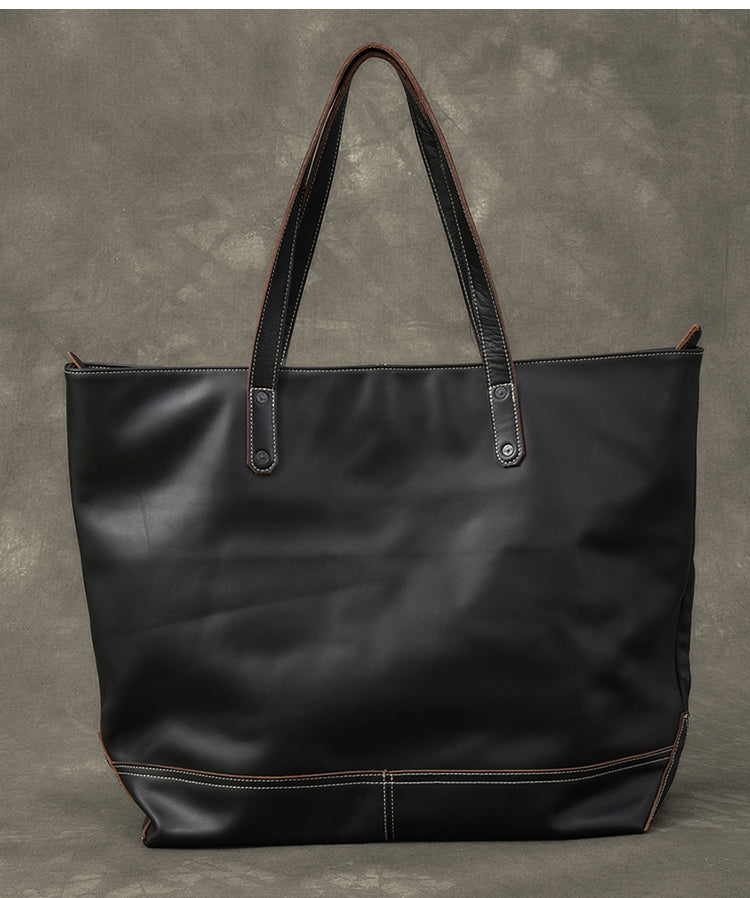 Leather Mens Womens 16' Large Shoulder Bag Black Tote Bag Large Side Bag For Men