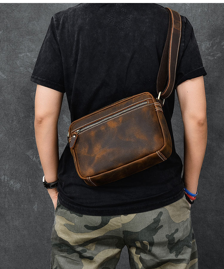 Vintage Leather Mens 8' Brown Saddle Side Bag Messenger Bag Small Postman Bag For Men