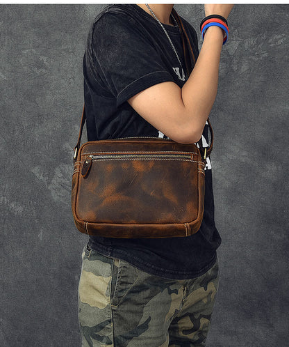 Vintage Leather Mens 8' Brown Saddle Side Bag Messenger Bag Small Postman Bag For Men