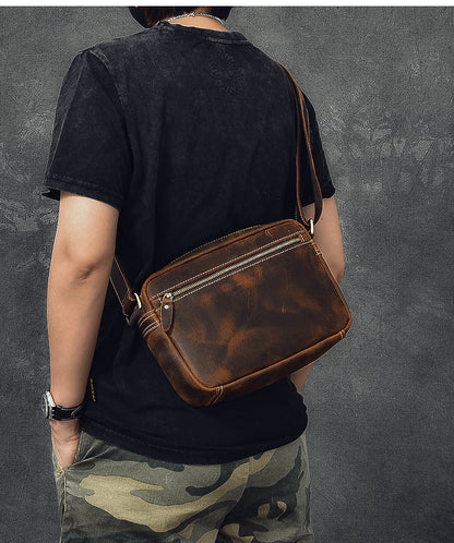 Vintage Leather Mens 8' Brown Saddle Side Bag Messenger Bag Small Postman Bag For Men