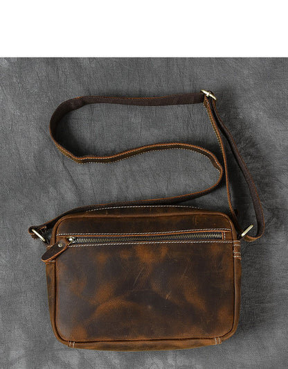 Vintage Leather Mens 8' Brown Saddle Side Bag Messenger Bag Small Postman Bag For Men